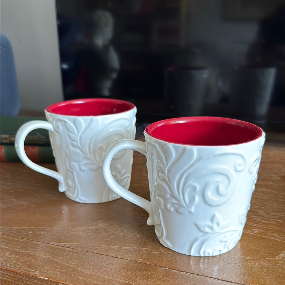 Elegant White and Red Embossed Mugs Starbucks 2009